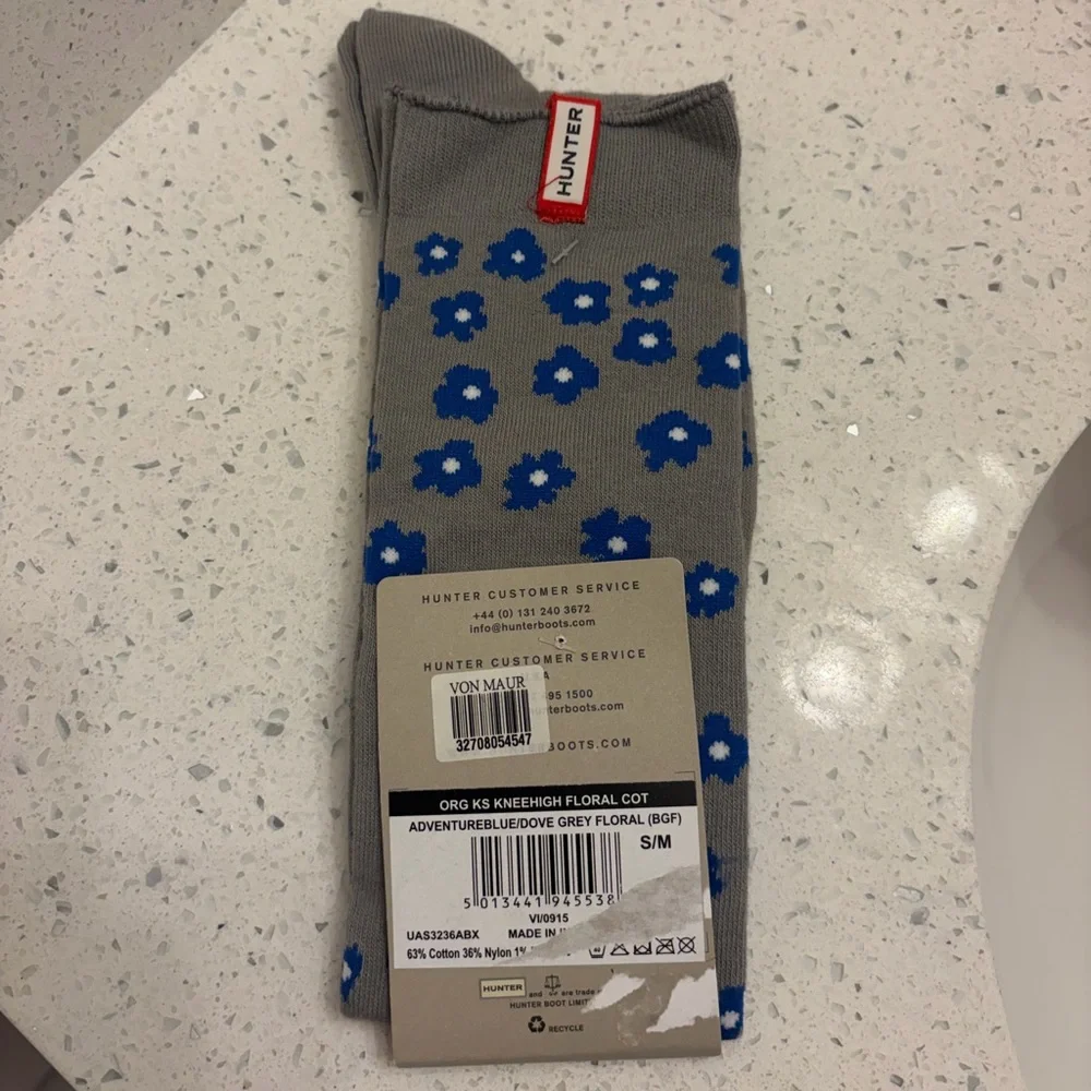 Hunter Gray Crew Socks with Blue Floral Print
